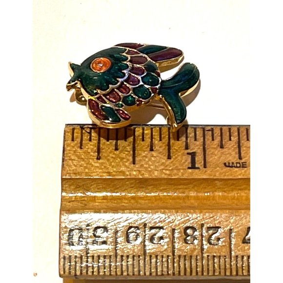 Green Red and Gold Cloisonné Puffy Fish Shaped Brooch Signed Ivana Adorable! - Picture 4 of 9